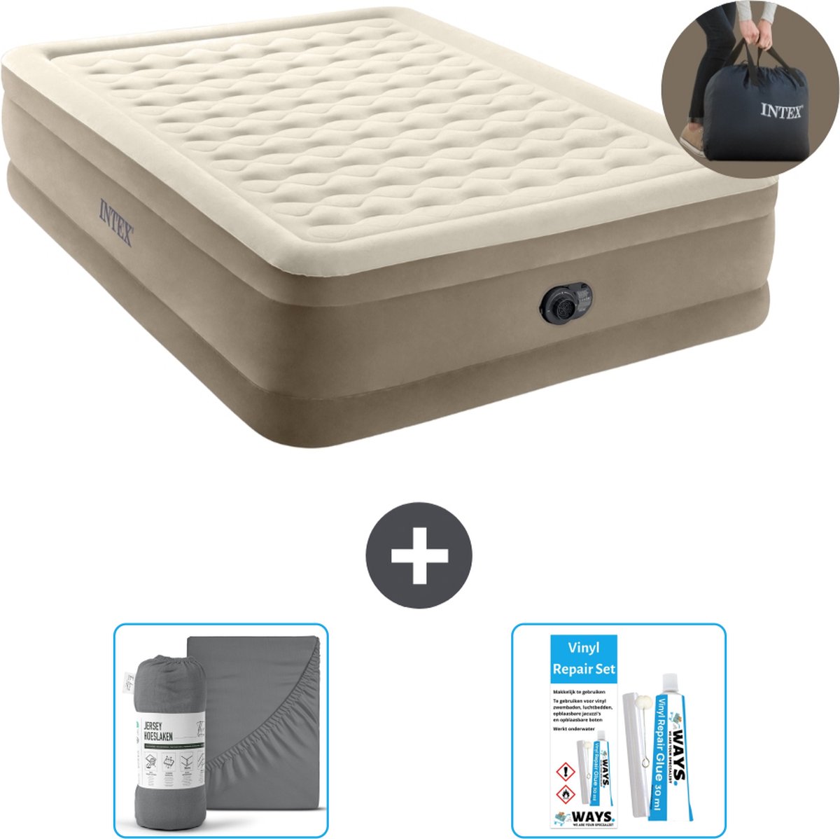 Intex Luchtbed - 2-Persoons - 152 x 203 x 46 cm - Beige - Met ingebouwde pomp + Hoeslaken Antraciet + Reparatieset