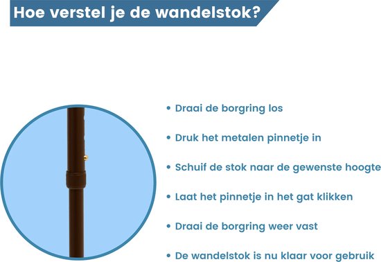 Illustratie van hoe de wandelstok versteld wordt door de borgring los te draaien, de pin in het gaatje te drukken, de hoogte aan te passen en de borgring weer vast te draaien.