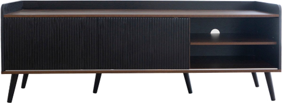 TV-meubel met twee lades, TV-tafel TV-plank, TV-lowboard laag bord met twee schuifdeuren. Prachtige textuur. Zwart en natuurlijke houtkleur. H58/L160/D40 cm