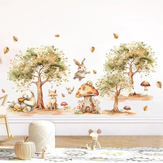 Muursticker Chambre d'enfant - Chambre de bébé - Animaux - Forêt - Champignons - 86x45cm - PVC autocollant - Garçon - Fille