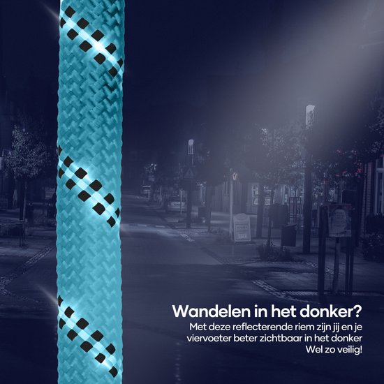 Turquoise hondenriem met zwart ruitpatroon. Gemaakt van reflecterend materiaal voor betere zichtbaarheid in het donker.
