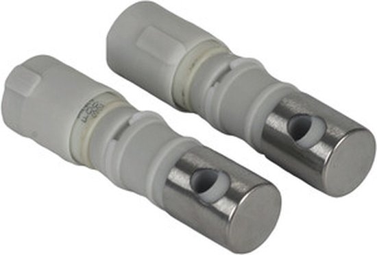 Twee witte zachtsluitende mechanismeonderdelen met metalen uiteinden en twee ronde gaten.