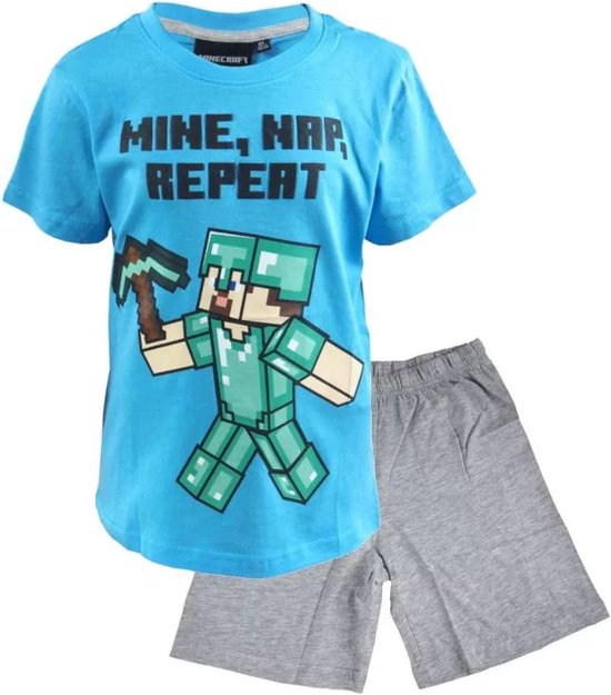 Minecraft Kinderpyjama lange pyjama voor jongens en meisjes 8 jaar maten 128 cm Sky lichtblauw, blauw, 128