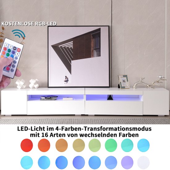 Moderne tv-meubel - Witte tv-kast met 2 deuren en open opbergplanken - LED-verlichting - voor