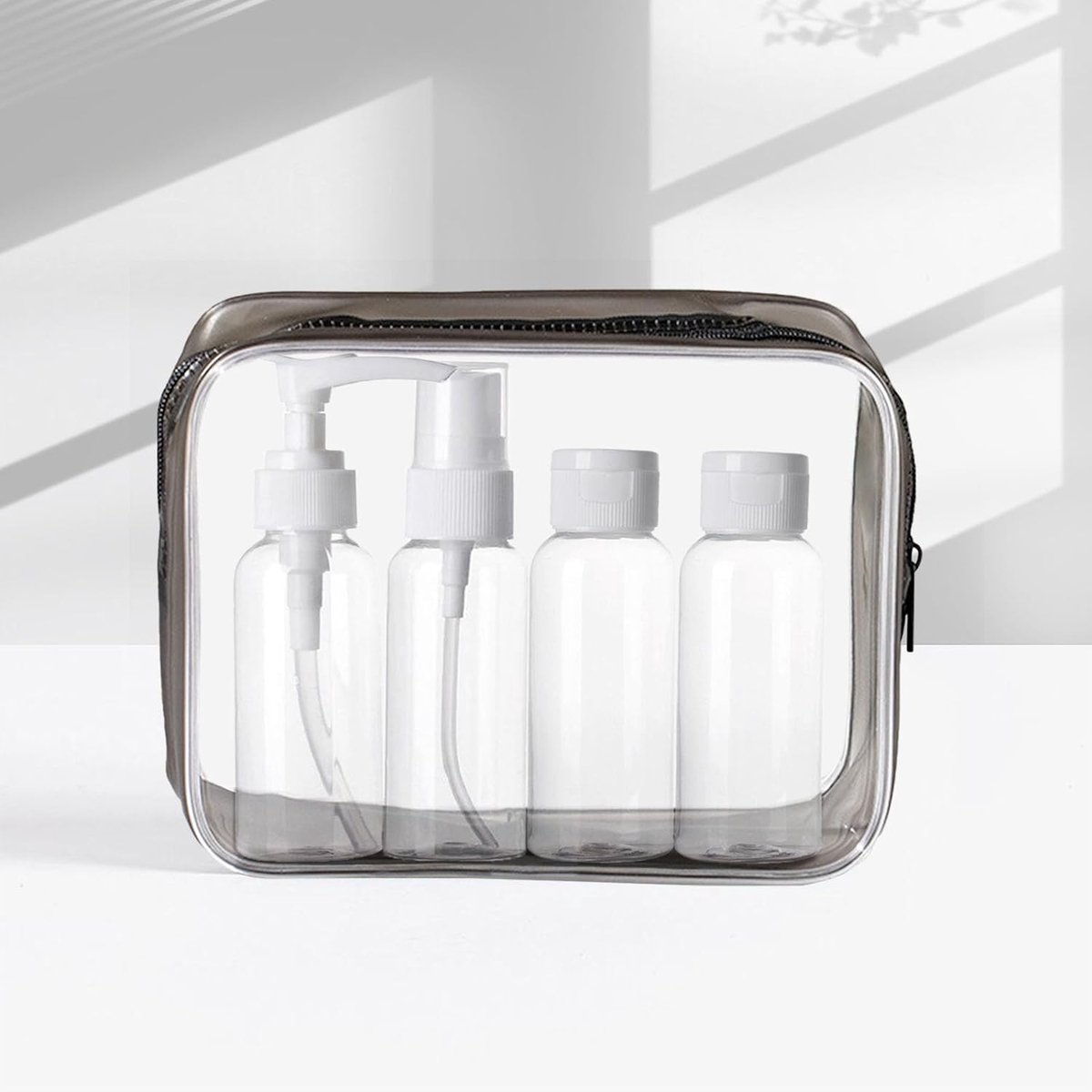 Toilettas, transparante reisflessen om te vullen, lege reisflessen, set met toilettas voor vloeistoffen, lekvrij, reisset, flessen voor cosmetica, vliegtuig, S, zwart, mode