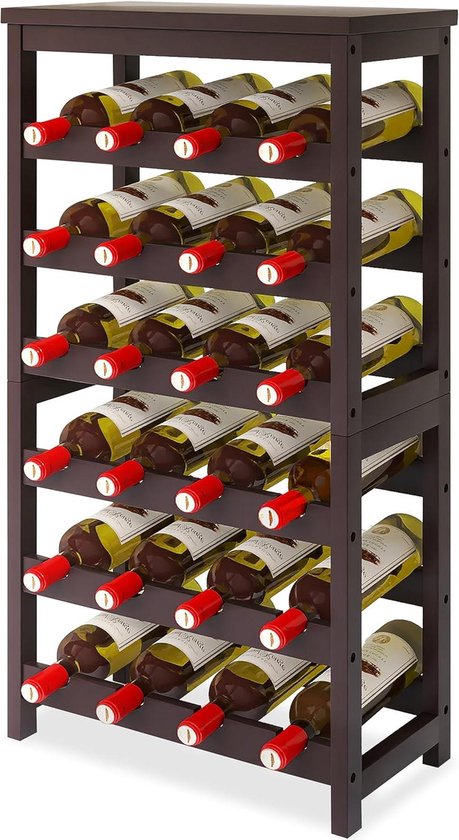 STELLSTAR Bamboe flessenrek met golfplaten rails voor keuken, eetkamer en voorraadkast, 24 lagen, 6 lagen met tafel, zwart