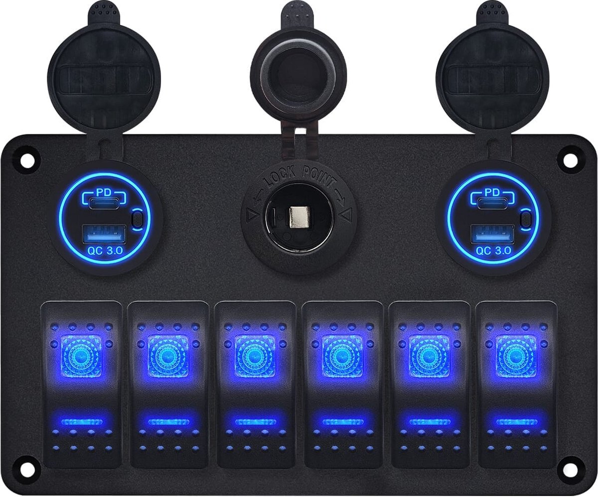 ProRide Schakelpaneel 12V voor Auto/Boot - 4 USB/USB Poorten met Schakelaar - QC3.0 - 6 schakelaars + 12V/24V stopcontact