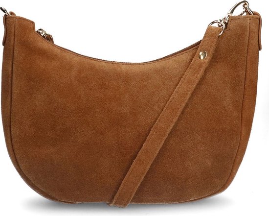 Manfield Cognac Suède Schoudertas Met Ritssluiting - Maat Onesize
