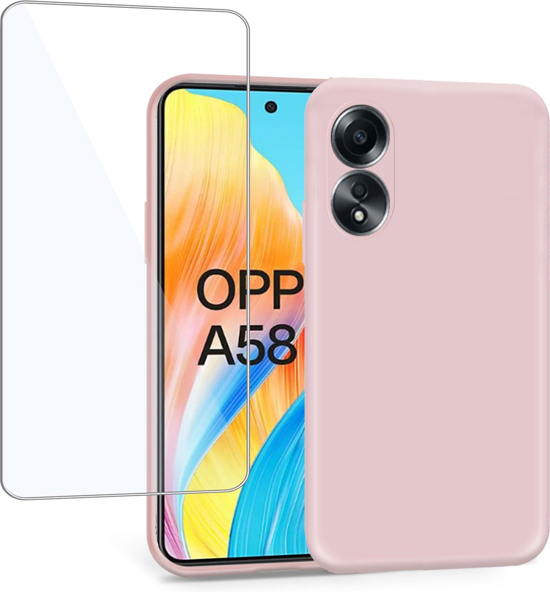 Geschikt voor OPPO A58 - Hoesje + Screenprotector – Gehard Glas Cover - Suède Case Rose