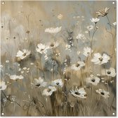 Tuinposter 100x100 cm - Tuindecoratie Bloemen - Wit - Natuur - Grijs - Modern - Poster voor in de tuin - Buiten decoratie - Schutting tuinschilderij - Tuindoek muurdecoratie - Wanddecoratie balkondoek