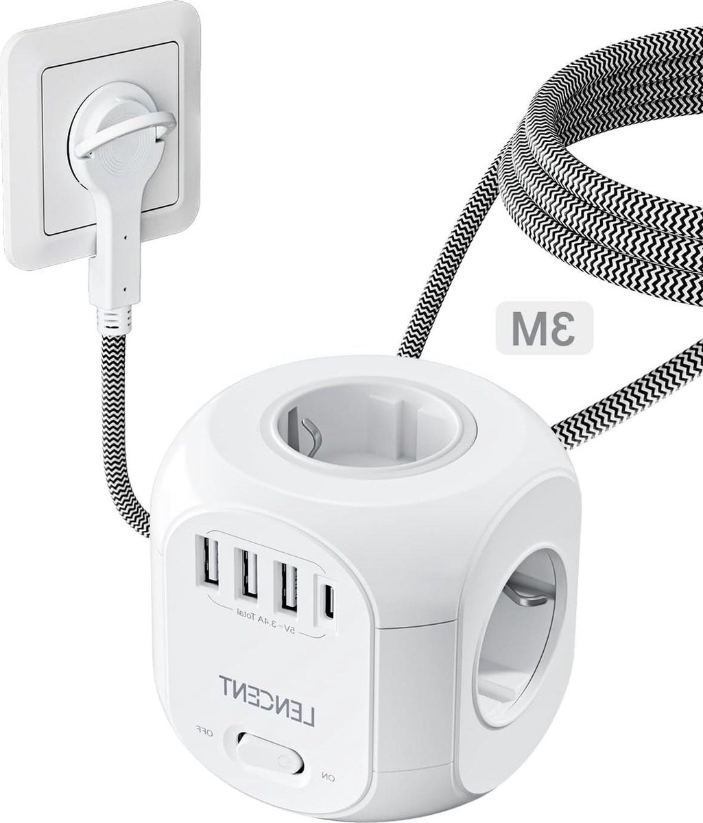 Cube Stopcontact Platte Stekker 4 Voudige Stopcontacten 3 USB Type C Meervoudige Stekkerdoos Schakelaar 3M Gevlochten Kabel Power Strip