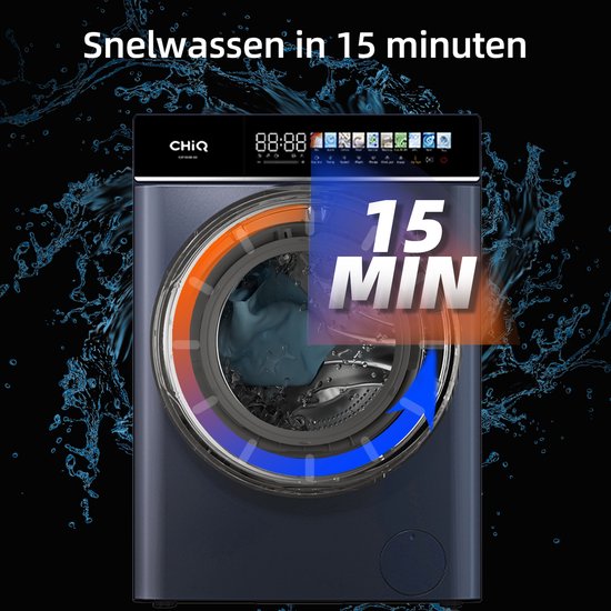 Machine à laver avec un boîtier bleu foncé et une porte ronde en verre. Une animation montre un cycle de "15 MIN" avec des flèches indiquant le sens de rotation.