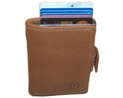 Oi zand- camel kleurige leren portemonnee met figuretta Cardprotector zonder muntvak/ compacte beurs met metalen pasjeshouder / anti skim kastje in zeer kleine portemonnee / cognac - camel kleurig leer/ 534AVC