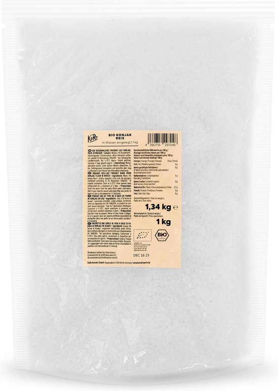 Emballage en plastique blanc contenant du riz konjac, avec informations produit et le logo BIO.