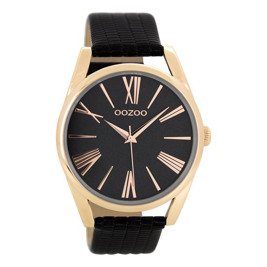 OOZOO Timepieces - Rosé goudkleurige horloge met zwarte metalen mesh armband - C8609