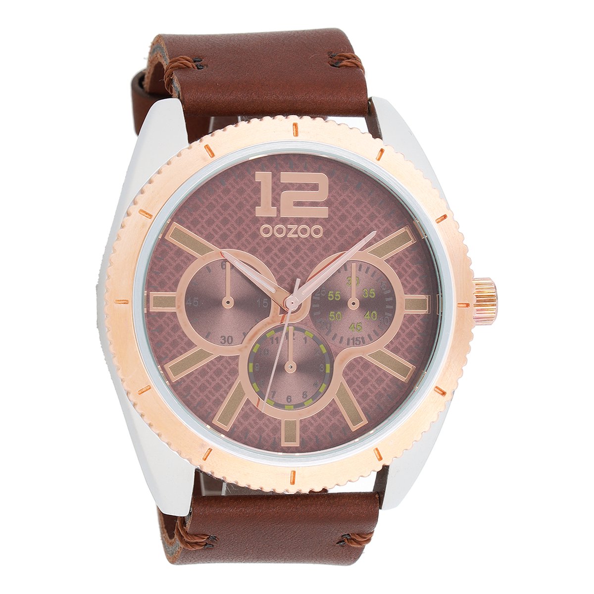 OOZOO Timepieces - Zilverkleurige horloge met donker bruine leren band - C6472