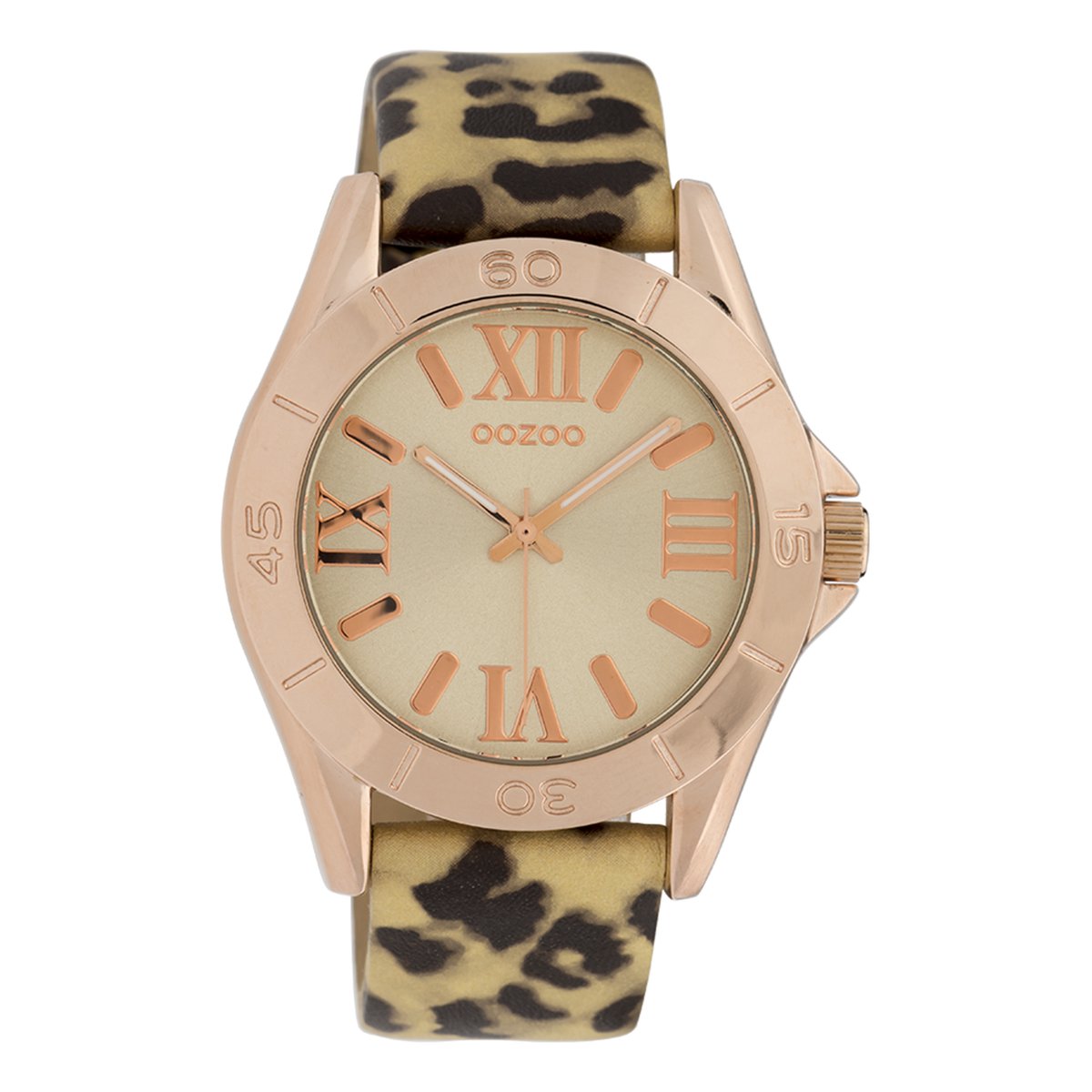 OOZOO Timepieces - Rosé goudkleurige horloge met zwart-goudkleurige leren band - C9783