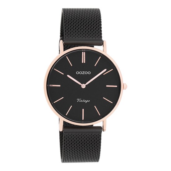 OOZOO Timepieces - Rosé goudkleurige horloge met zwarte metalen mesh armband - C8870