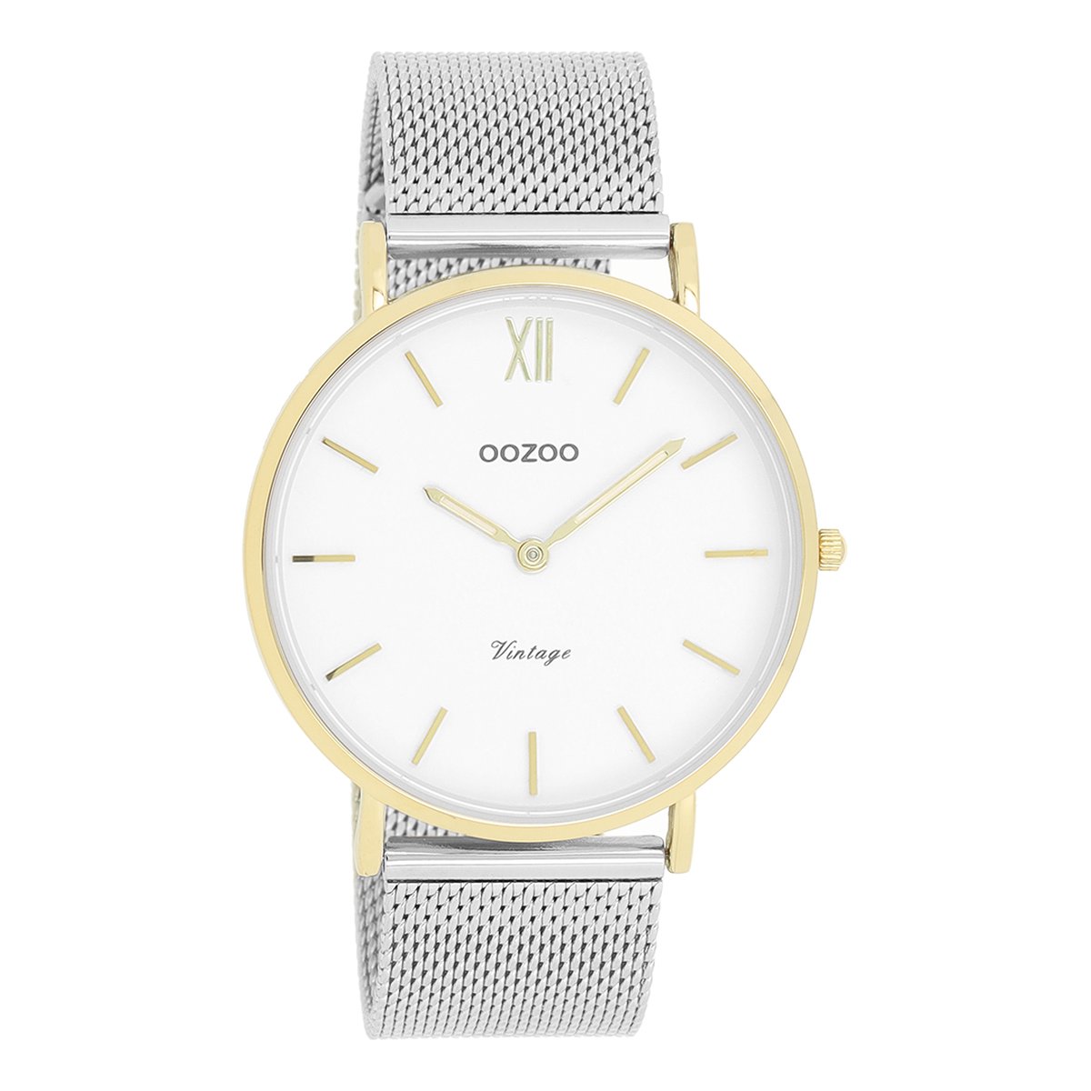OOZOO Timepieces - Goudkleurige horloge met zilverkleurige metalen mesh armband - C20116