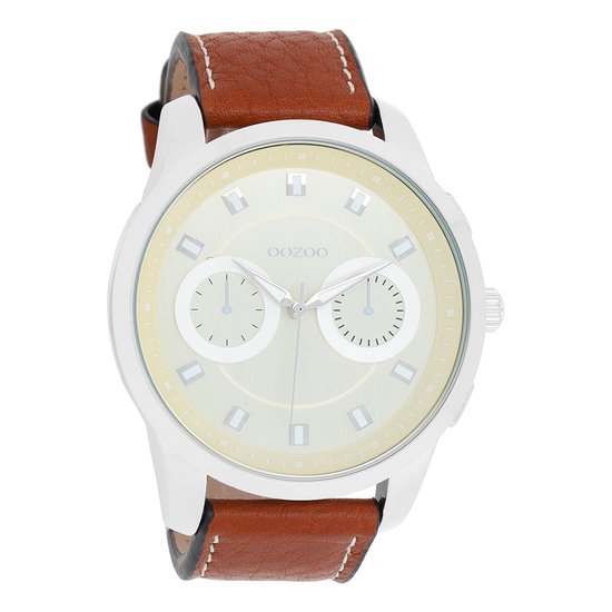 OOZOO Timepieces - Zilverkleurige horloge met cognac leren band - C8206