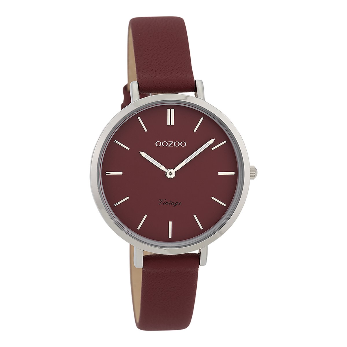 OOZOO Timepieces - Zilverkleurige horloge met bordeaux rode leren band - C9815