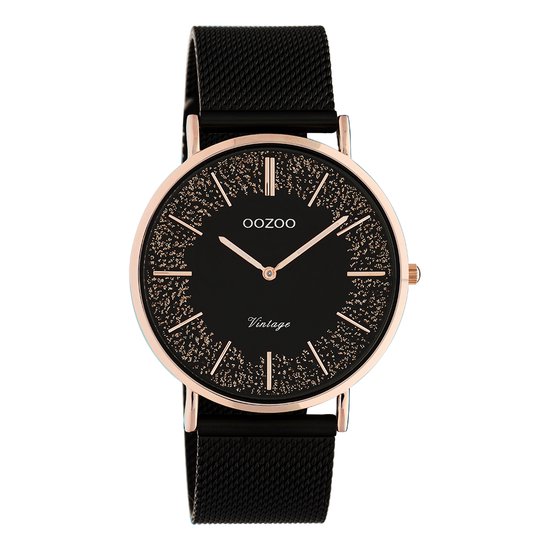 OOZOO Timepieces - Rosé goudkleurige horloge met zwarte metalen mesh armband - C20142