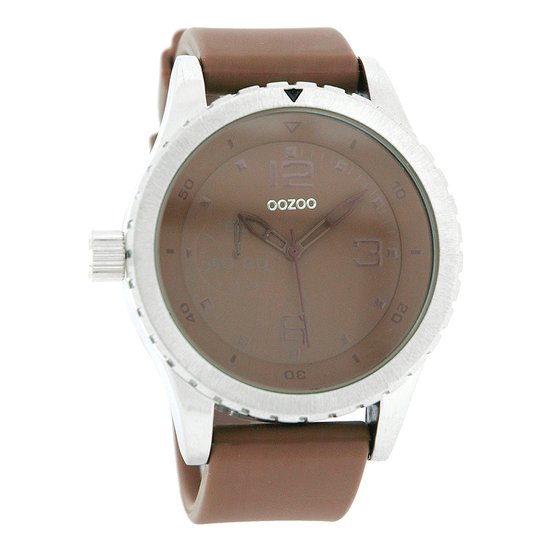 OOZOO Timepieces - Zilverkleurige horloge met donker bruine rubber band - C3677