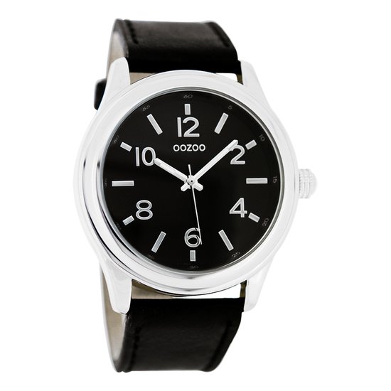 OOZOO Timepieces - Zilverkleurige horloge met zwarte leren band - C4559