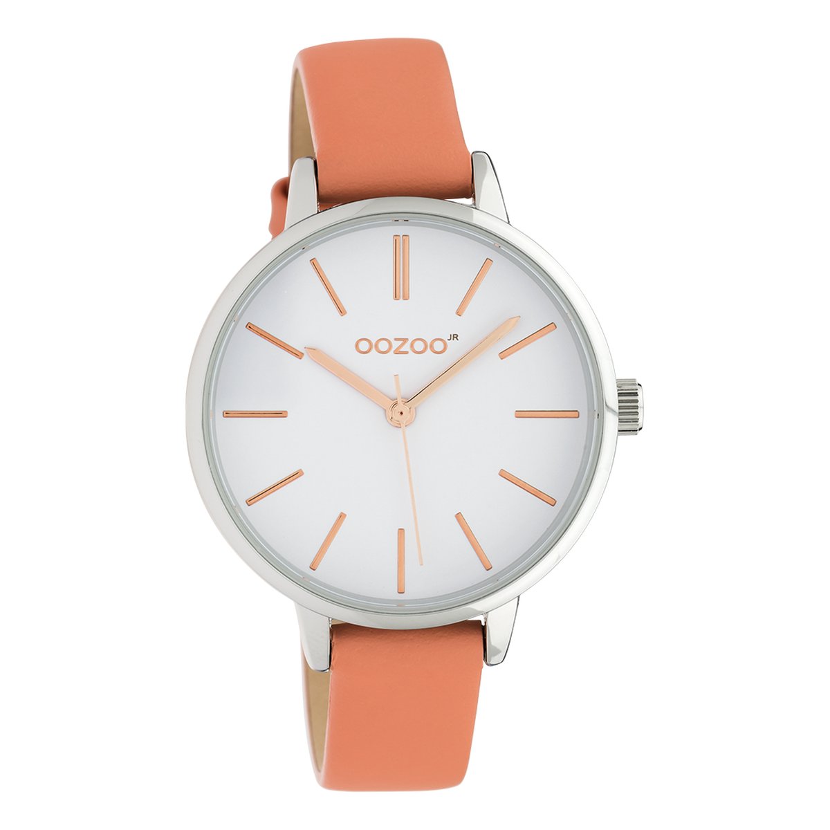OOZOO Timepieces - Zilverkleurige horloge met perzik roze leren band - JR311