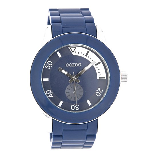 OOZOO Timepieces - Zilverkleurige horloge met donker blauwe kunststof horlogeband - C4258
