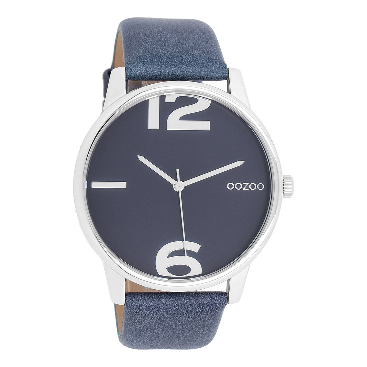 OOZOO Timepieces - Zilverkleurige horloge met avond blauwe leren band - C10372