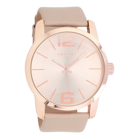 OOZOO Timepieces - Rosé goudkleurige horloge met beige leren band - C8035