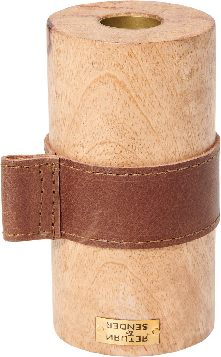 Return to Sender | Kandelaar 12 cm mangohout met leer 2-zijdig te gebruiken - kaarsenhouder en waxinelichthouder
