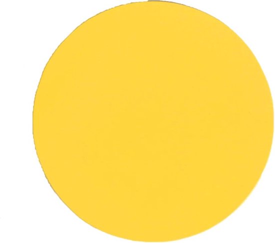 Een enkele gele ronde sticker op een witte achtergrond.