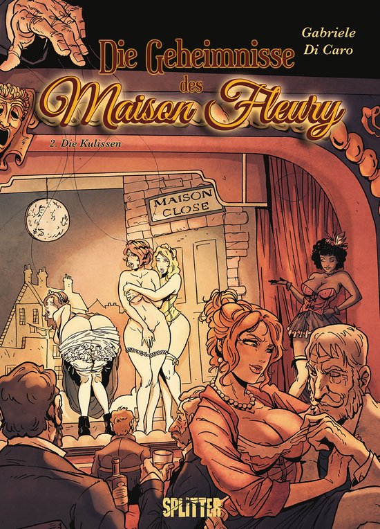 Cover van het stripverhaal 'Die Geheimnisse des Maison Fleury 2' met speelse personages en theaterdecor.
