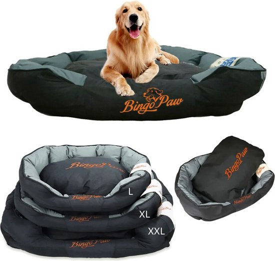 Lit pour chien noir et gris avec logo orange 'BingoPaw'. Un grand chien est assis sur le plus grand lit.