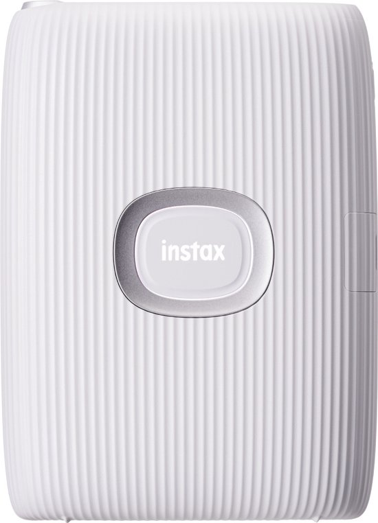 Witte Instax Mini Link 2 printer met een geribbeld oppervlak en een zilveren Instax-knop in het midden.