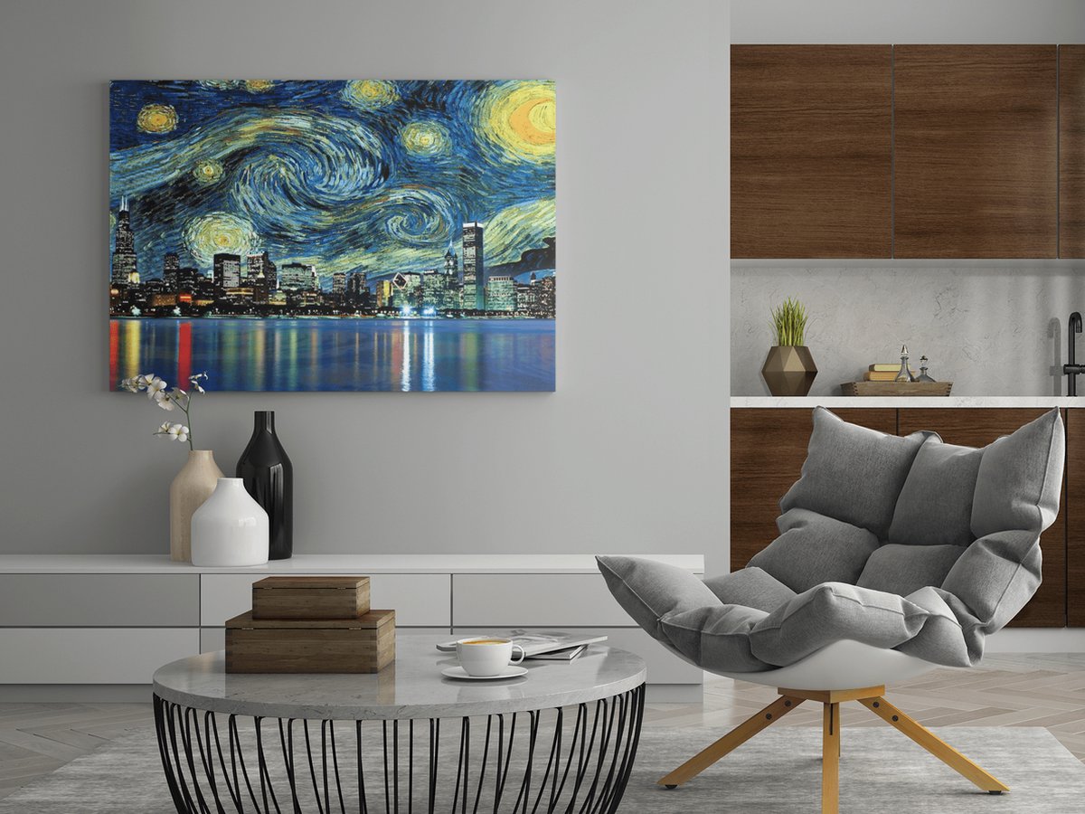 Trendex Global Canvas Schilderij - Abstracte Stad - Van Gogh Stijl - 90x60x2 cm Blauw