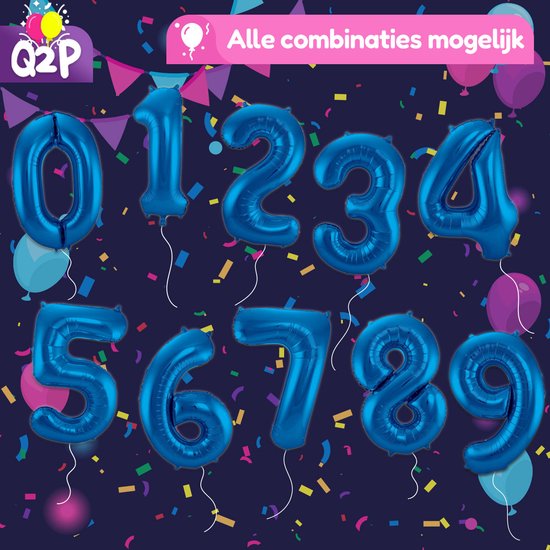 Blauwe folie cijfer ballonnen, van 0 tot 9, met feestelijke achtergrond.