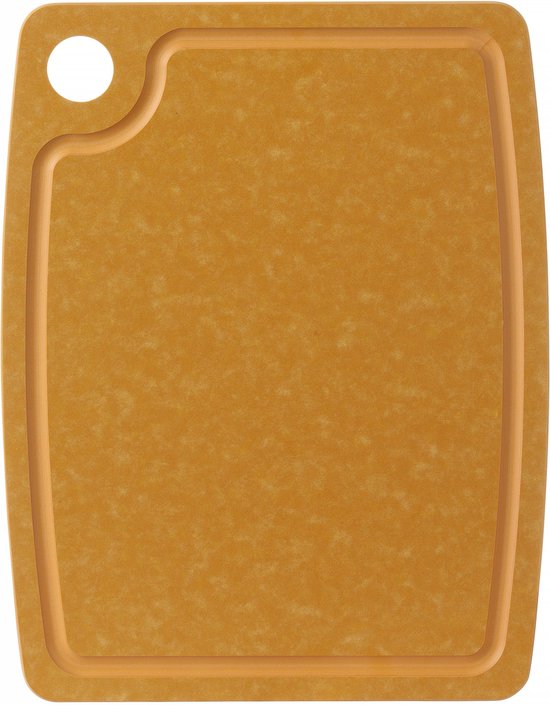 Okerkleurige snijplank met composiet textuur en ophangoog.