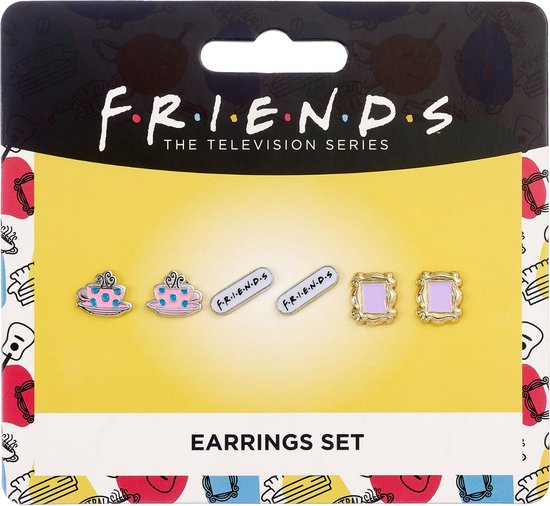 Oorbellen set met koffiekopjes, FRIENDS logo en fotolijstjes.