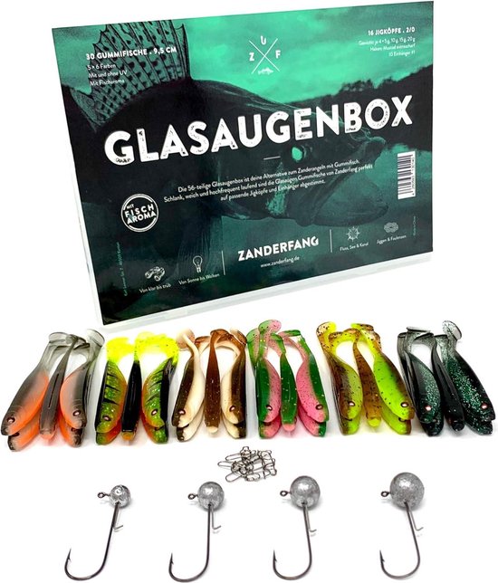 Hechtset Zanderfang Rubberen vis box - rubberen vissen met jigkop voor snoekbaars - 30 snoekbaarzen rubberen vissen - 6 kleuren - 95 cm - 16 jigkoppen maat 2/0 - 5-20 gram - 10 hangers - snaps Hechtset — afbeelding 5