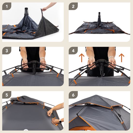 Stap-voor-stap instructies voor het opzetten van een donkergrijze tent met oranje accenten. De tent heeft een automatisch koepelontwerp.