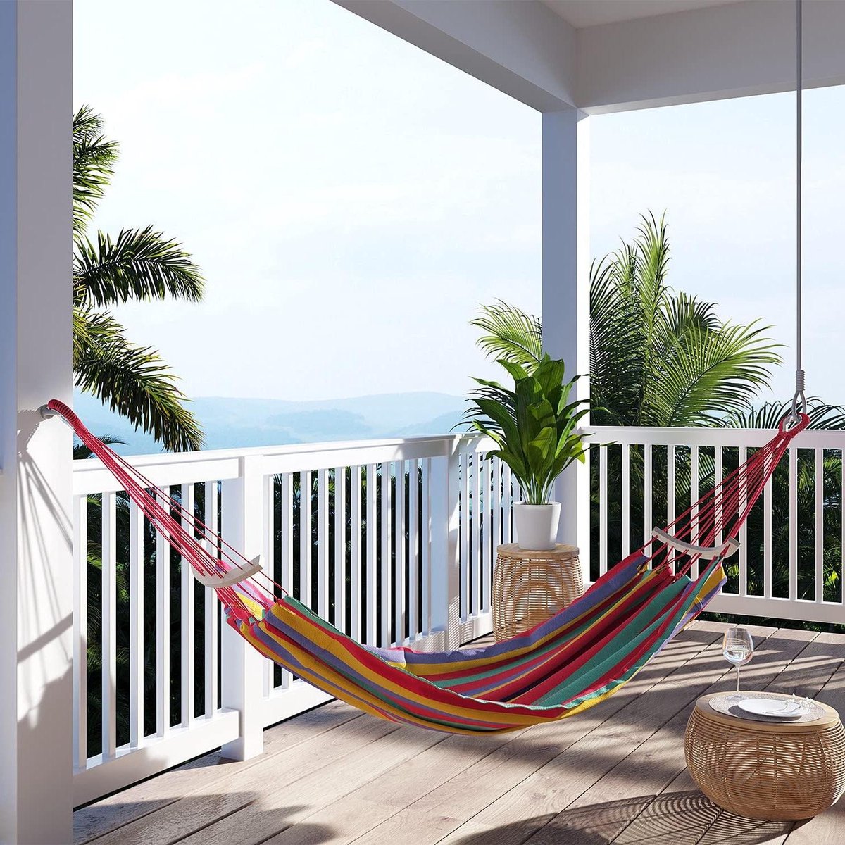 Hangmat 240x80 cm Hammock belastbaarheid tot 150 kg houten stokken Lazara meerkleurig rood - grote maat - comfortabele ligpositie