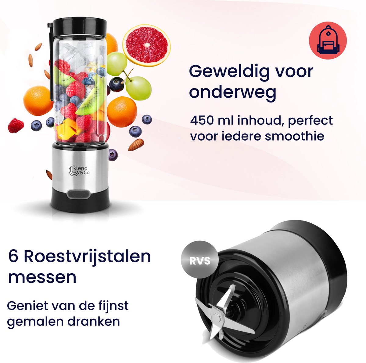 Blend&Co Mini Blender To Go – 450ml Glas – Draadloos & Draagbaar – Smoothie Maker – USB Oplaadbaar – Portable Blender – foto 4
