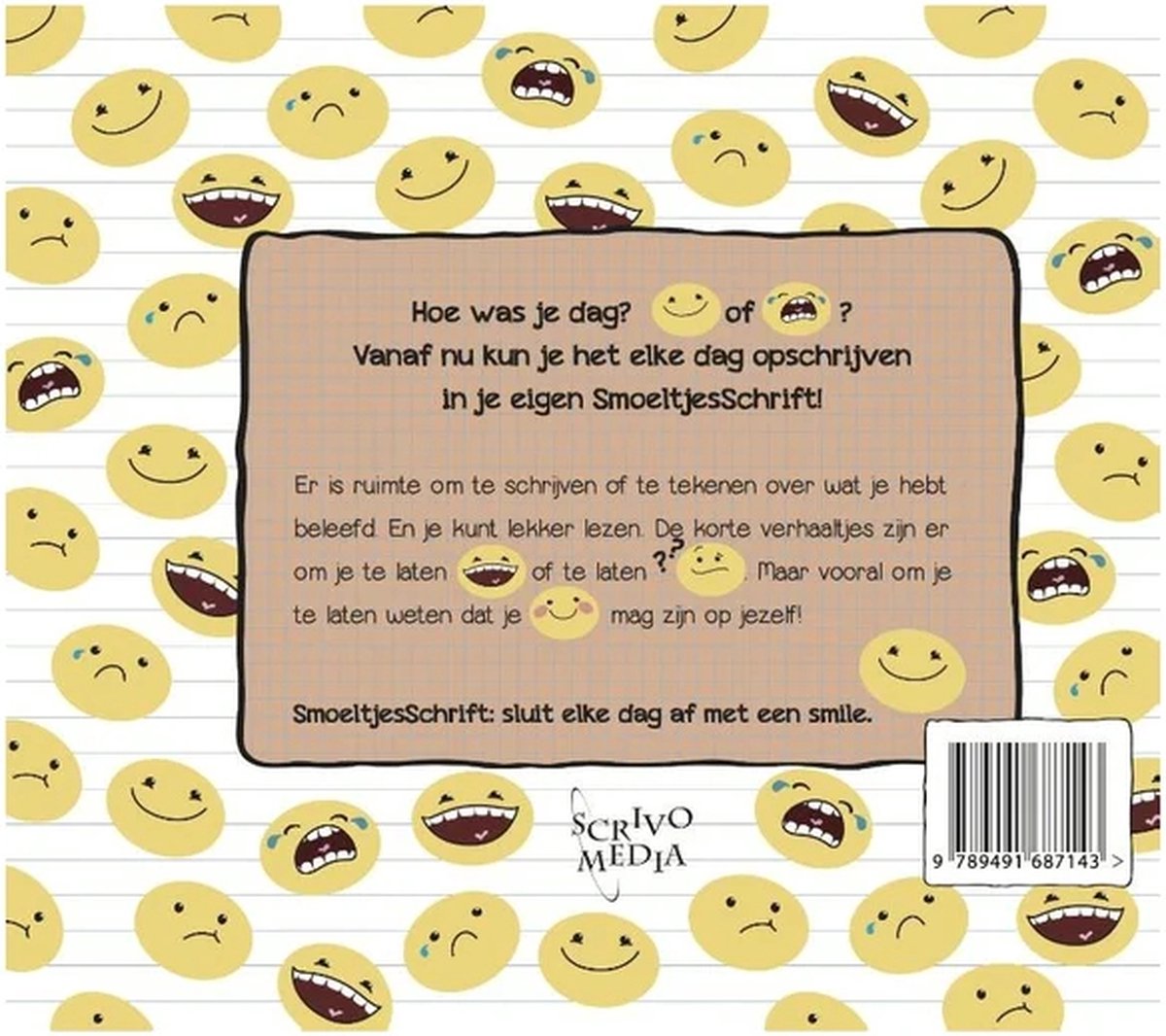De achterkant van het 'Smoeltjesschrift', met veel verschillende emoji-gezichtjes, een tekst over het invullen van het schrift en de ISBN-barcode.