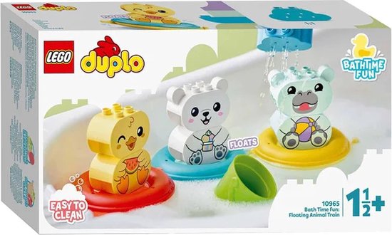 Doos van LEGO DUPLO Bad Plezier Drijvende Dierentrein 10965 met afbeeldingen van een gele eend, witte beer en lichtgroen nijlpaard.