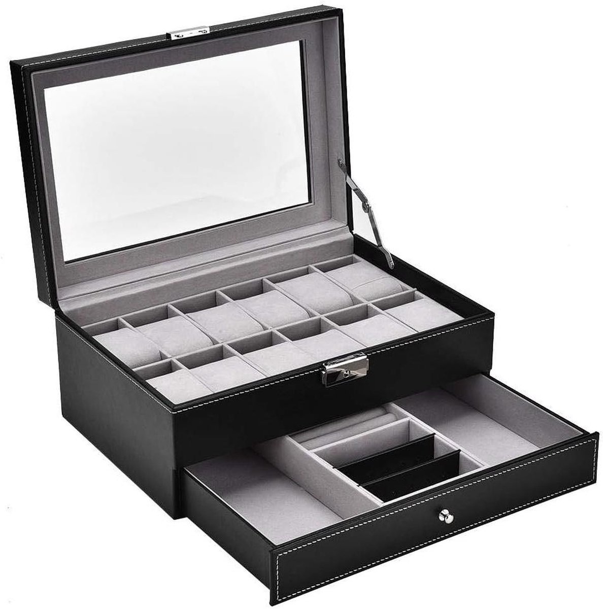 Horlogebox Organizer Case - 12 horlogeslots - PU-showcase van leer - Organisator voor mannen - Afsluitbaar - Tweelaags - Sieraden klokhouder met glazen plaat