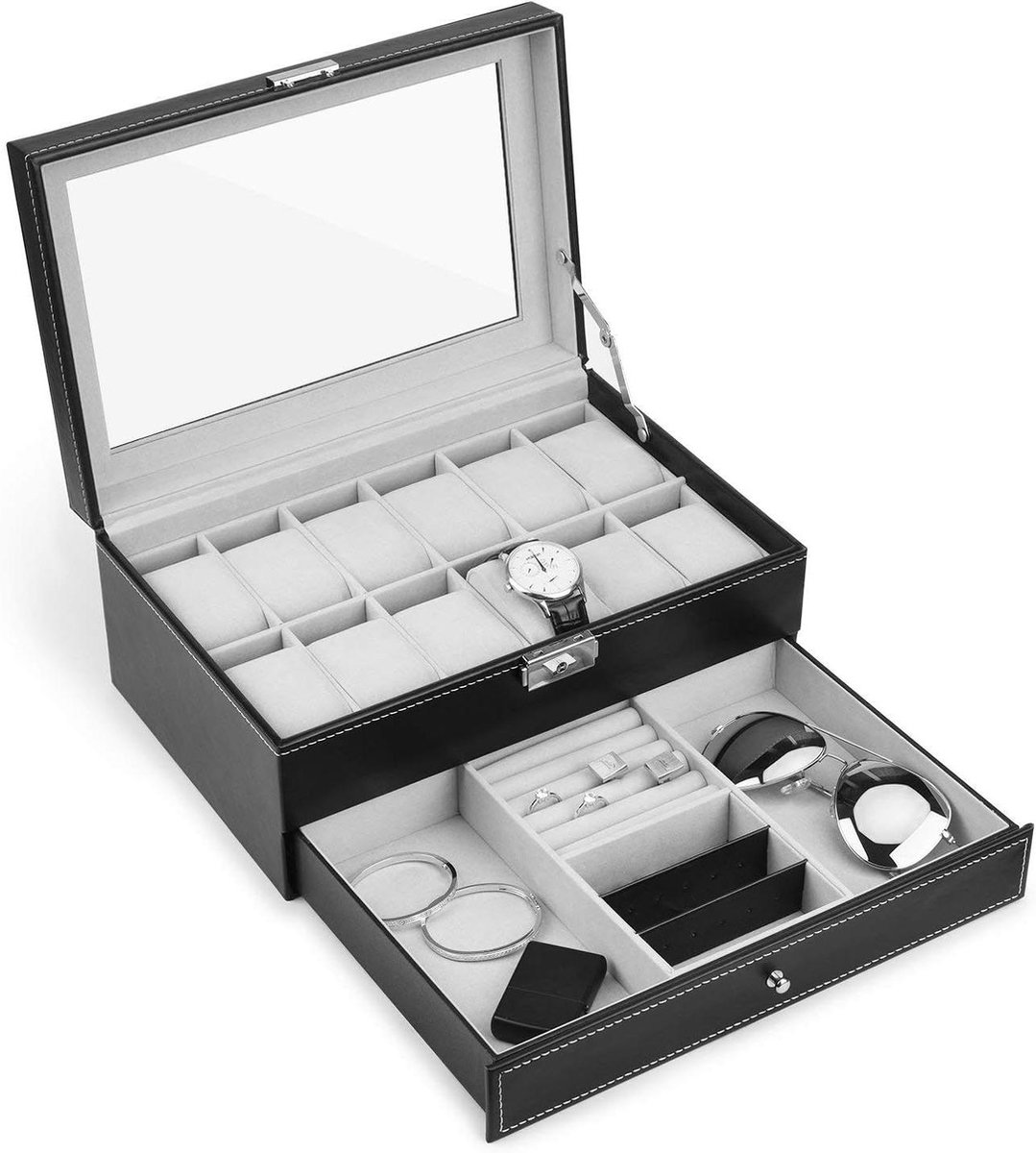 12 Horloge Box met Sieraden Display Lade - Afsluitbare Horloge Case Organizer - Zwart AW-001