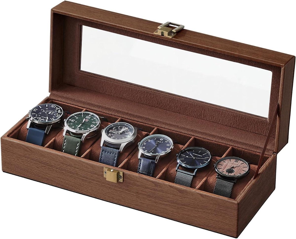 Horlogebox opbergdoosje met 6 vakken en glazen deksel - imitatieleer - bruin met houtnerf